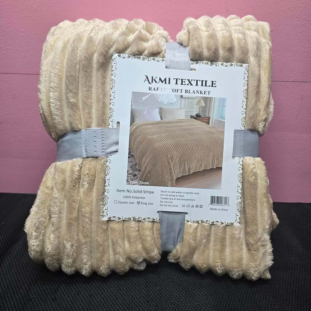 Akmi Textile Rafah Soft Blanket King Size Taupe Solid Stripe